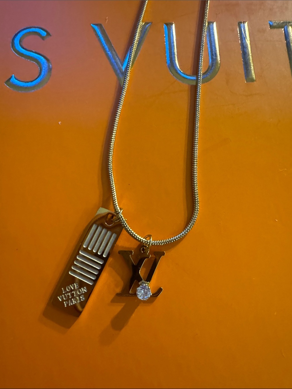 Gold LV Logo Pendant Necklace with Tag